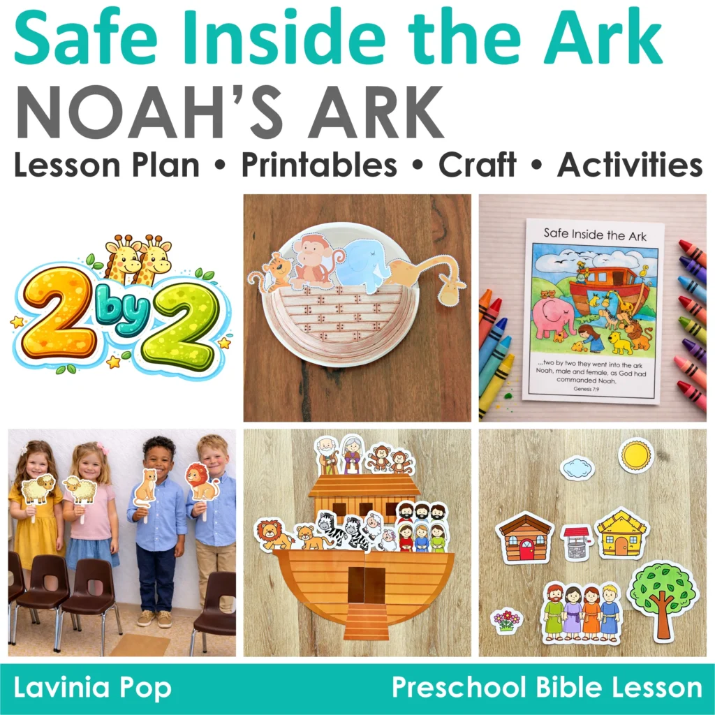 Printable Noah’s Ark preschool Bible lesson with craft, animal parade activity, sorting game, and take home booklet.