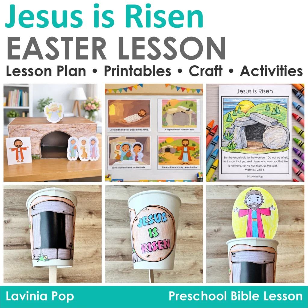 Jesus Is Risen preschool Bible lesson printables including retelling activity sequencing cards and paper cup craft