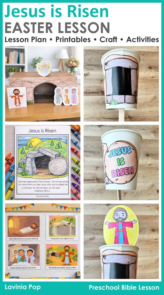 Jesus Is Risen preschool Bible lesson with Easter activities printables retelling and craft ideas