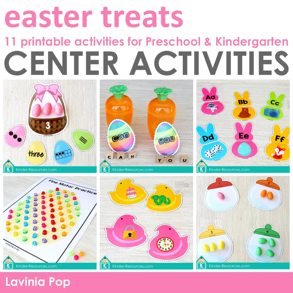 Easter Centers for Preschool printable math and literacy activities including fine motor, beginning sounds, CVC words, counting, and sorting centers for pre k and kindergarten
