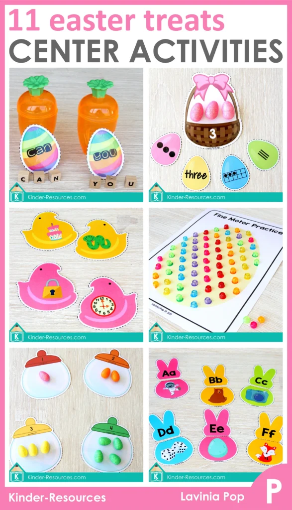 Easter Centers for Preschool printable math and literacy activities including fine motor, beginning sounds, CVC words, counting, and sorting centers for pre k and kindergarten