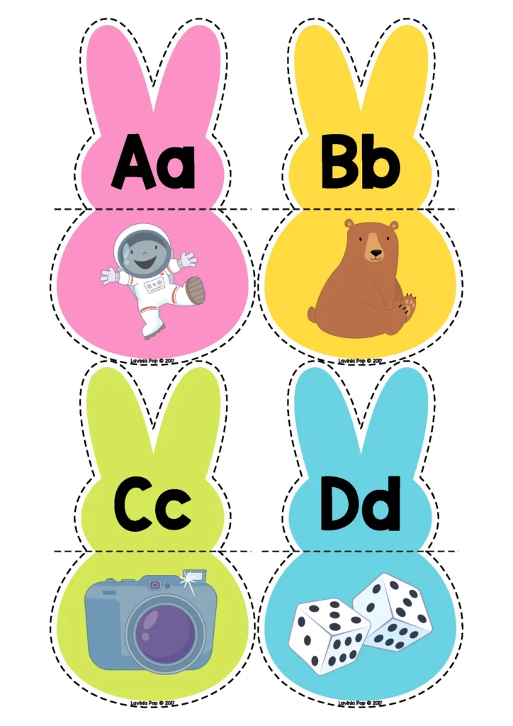 Easter Centers for Preschool beginning sounds activity with bunny cards matching letters A B C D to picture cards