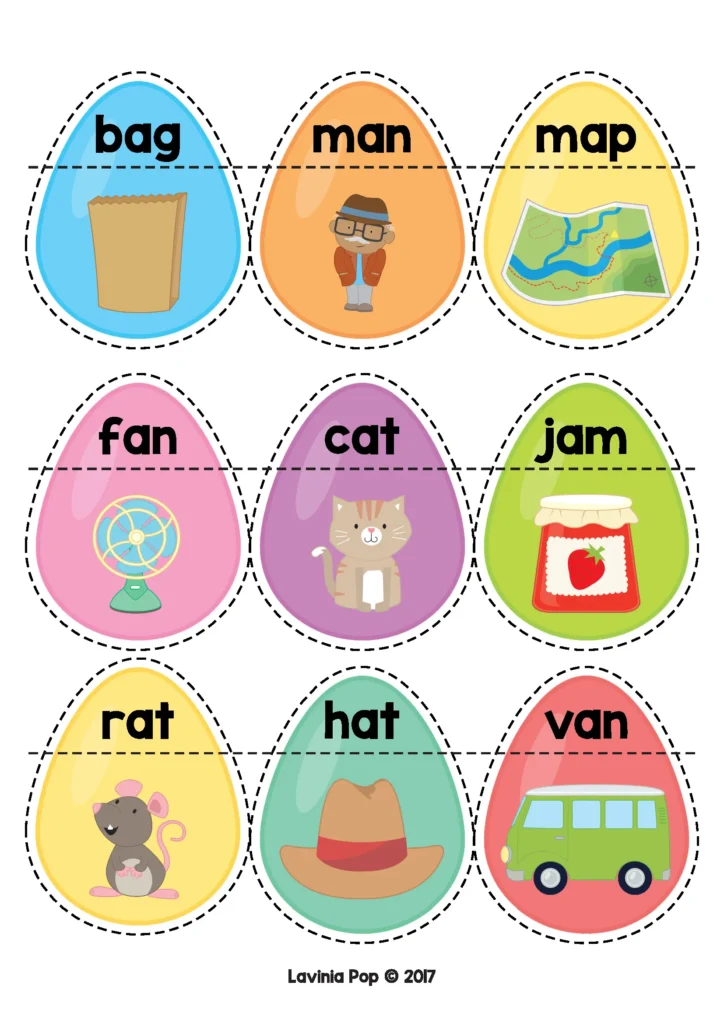 Easter Centers for Preschool CVC word matching activity with egg cards showing simple words and picture matches