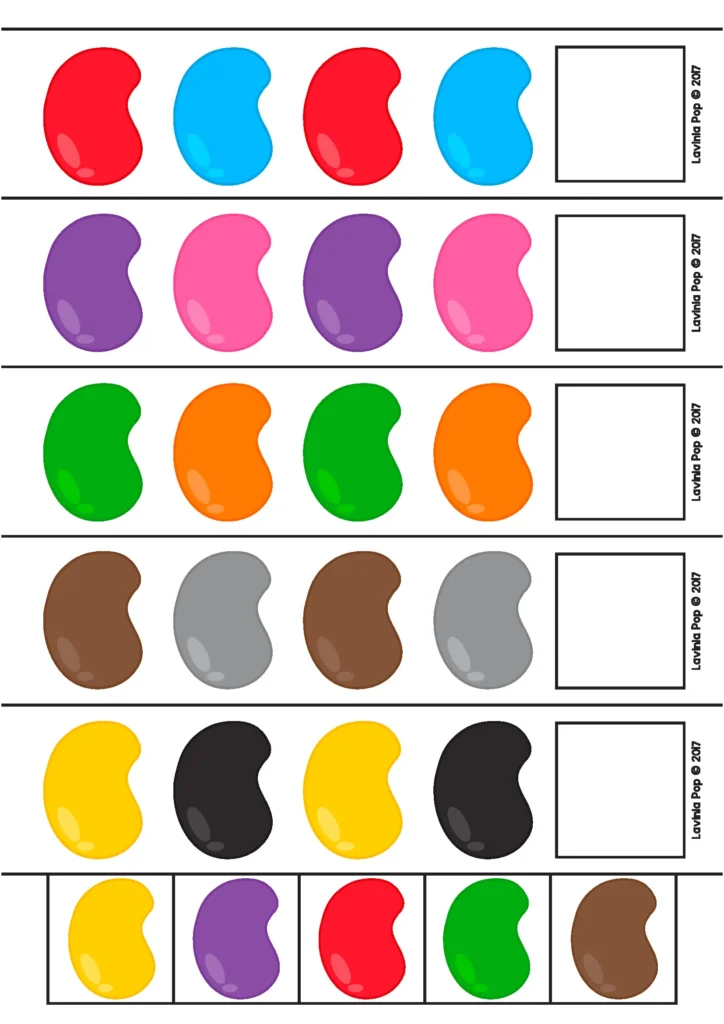 Easter Centers for Preschool jellybean pattern activity with AB and repeating patterns for children to complete