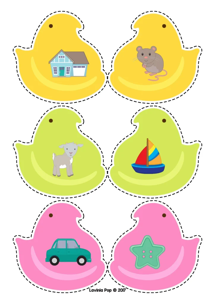 Easter Centers for Preschool rhyming activity with peeps matching pictures that rhyme