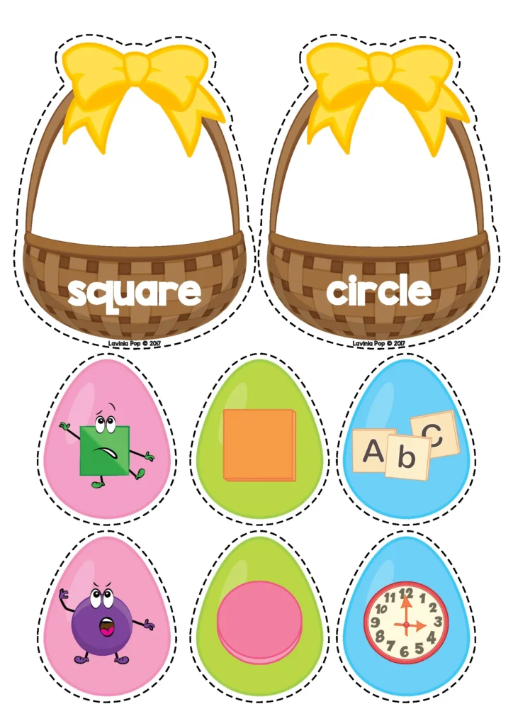 Easter Centers for Preschool 2D shape sorting activity with baskets and matching shape cards