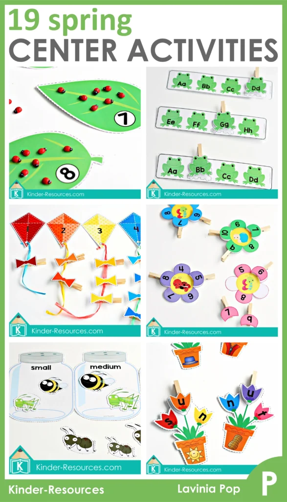 Spring Centers for Preschool alphabet sequence frogs, number counting leaves, kite counting activity, number flower clip cards, insect size sorting jars, and CVC missing vowel flower activity