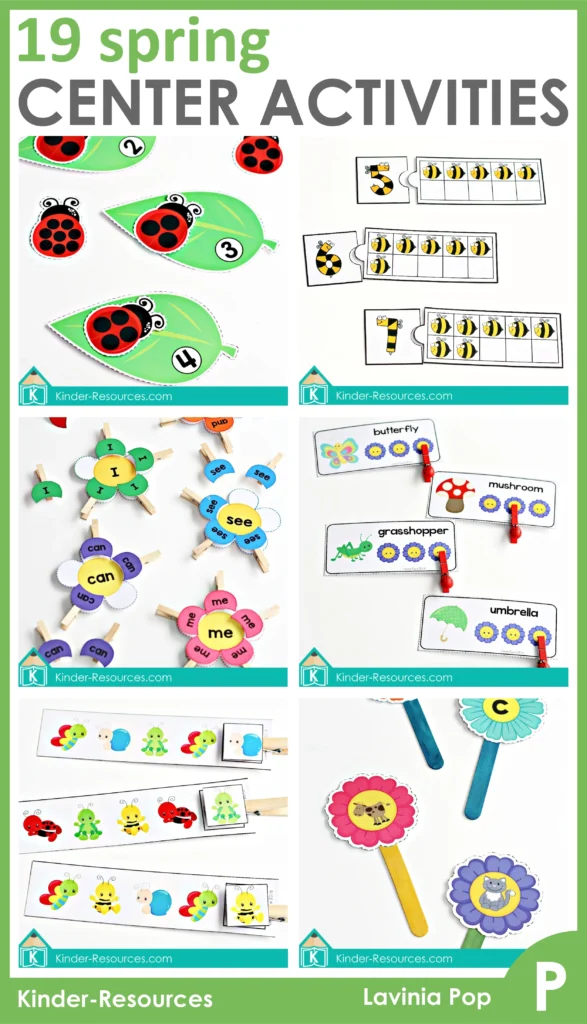 Spring Centers for Preschool math and literacy activities including ladybug number match, ten frame puzzles, sight word flowers, syllable clip cards, insect pattern cards, and flower beginning sounds sticks