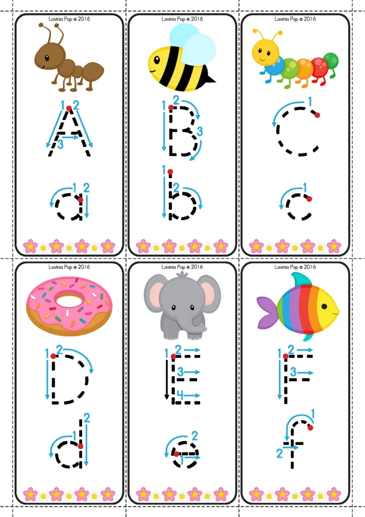 Spring Centers for Preschool alphabet tracing cards with directional arrows for practicing uppercase and lowercase letter formation