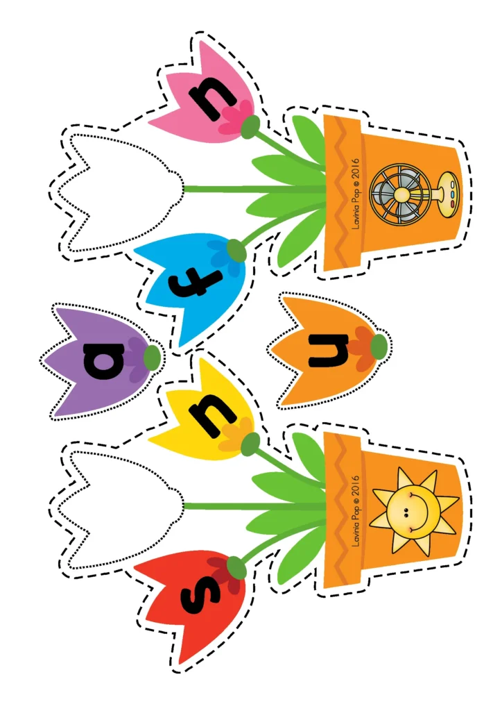 Spring Centers for Preschool CVC word building activity with flower petals for identifying missing vowels in simple words
