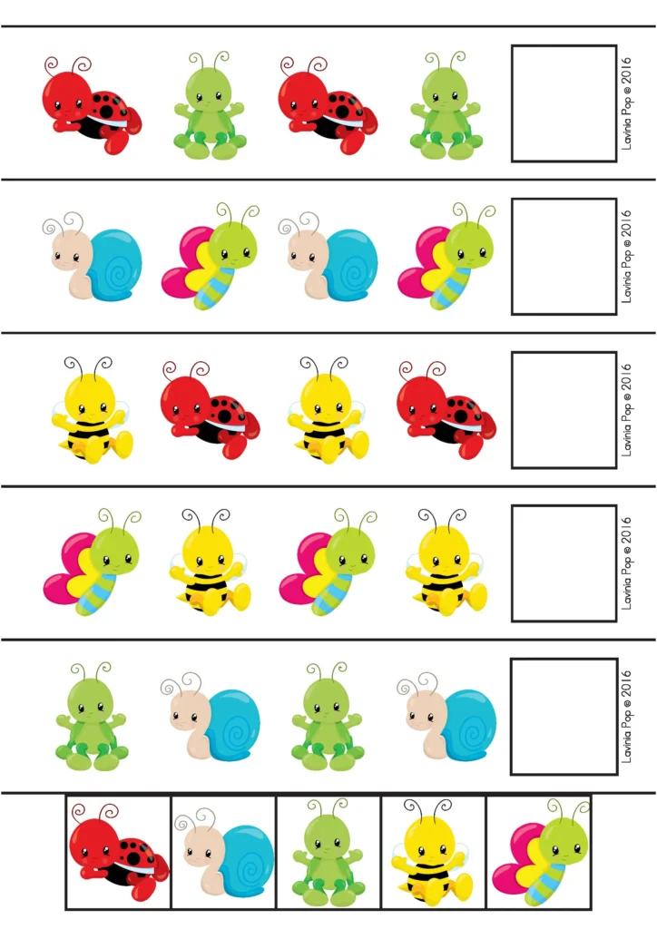 Spring Centers for Preschool insect pattern cards for identifying and completing repeating patterns with bugs and garden creatures