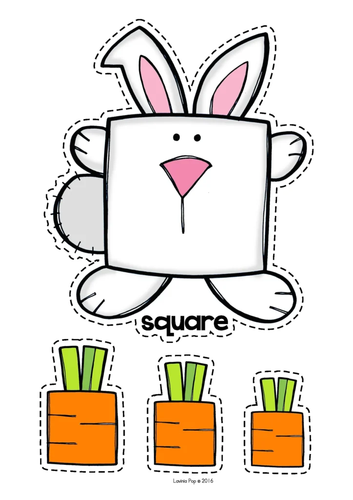 Spring Centers for Preschool shape matching activity with a square bunny and carrot pieces for preschool shape recognition practice