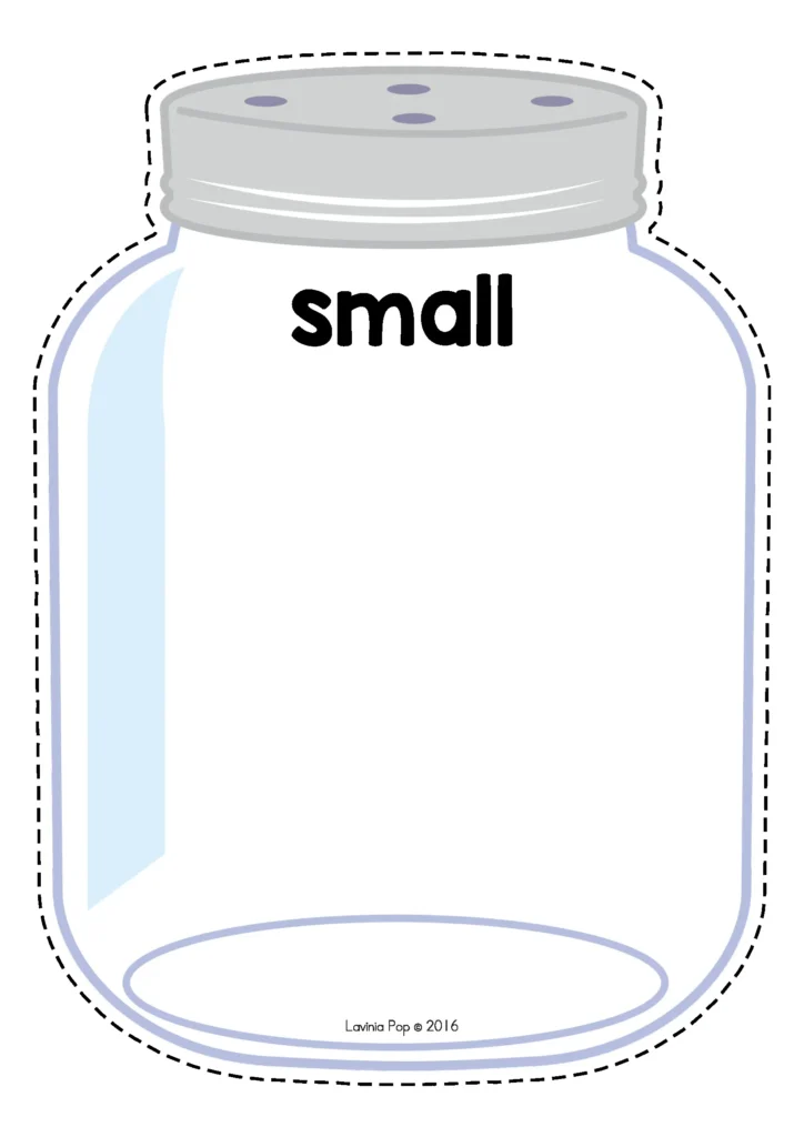 Spring Centers for Preschool jar sorting card labeled small used for comparing insect sizes in a sorting activity