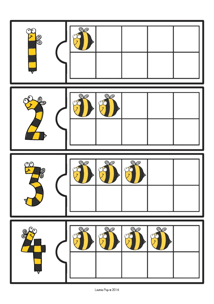 Spring Centers for Preschool ten frame counting activity with bees for practicing numbers and early number sense
