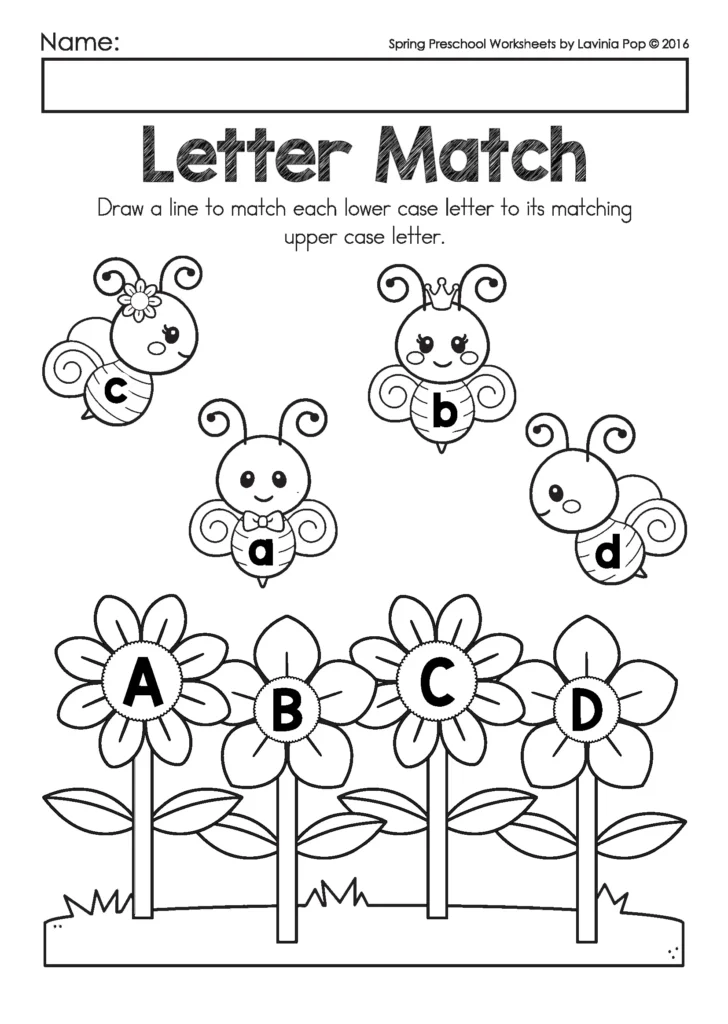 Spring Preschool Worksheets and Activities uppercase lowercase letter matching worksheet with spring flowers and bees