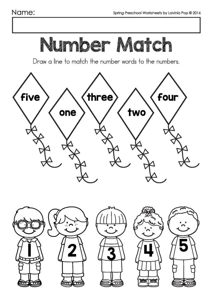 Spring Preschool Worksheets and Activities number words to numbers matching worksheet with kites and numbers 1 to 5