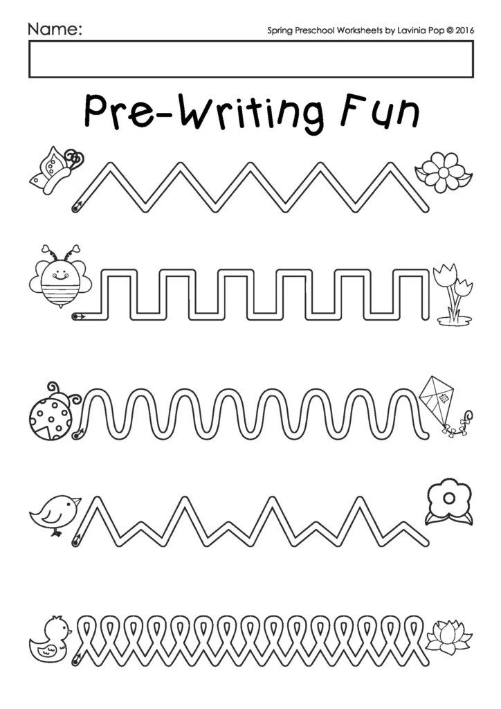 Spring Preschool Worksheets and Activities pre writing tracing worksheet with zigzag curved and loop lines for fine motor practice