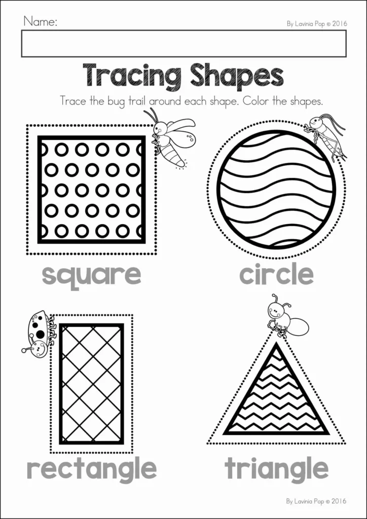 Spring Worksheets and Activities for Preschool and Kindergarten bug trail shape tracing worksheet with square circle rectangle and triangle