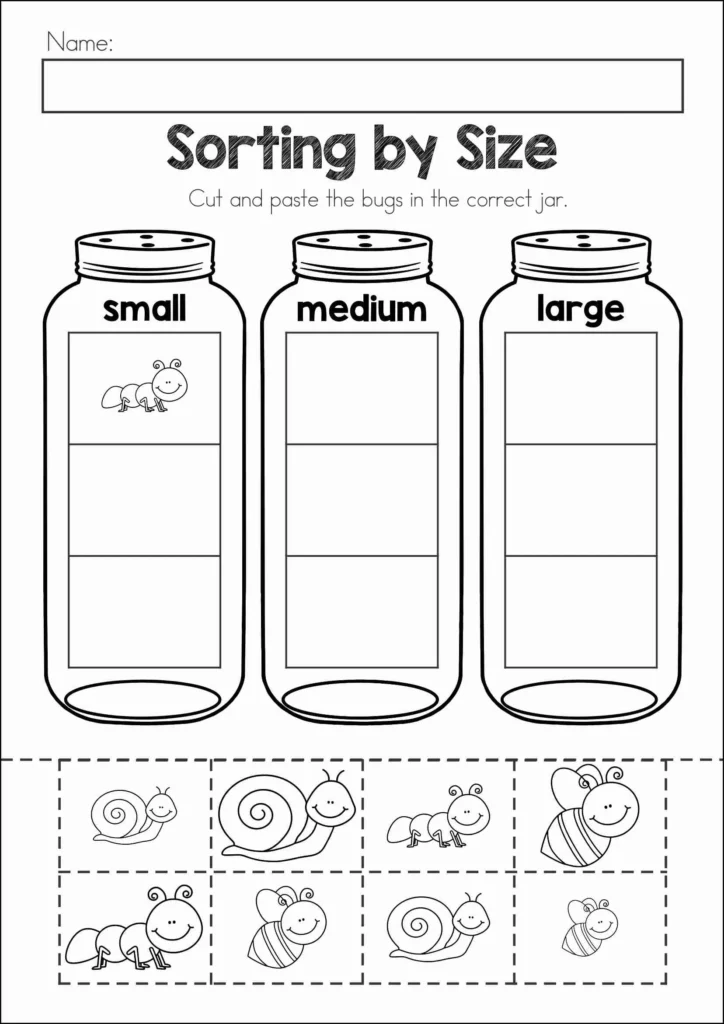 Spring Worksheets and Activities for Preschool and Kindergarten bug size sorting cut and paste activity with small medium and large insect jars