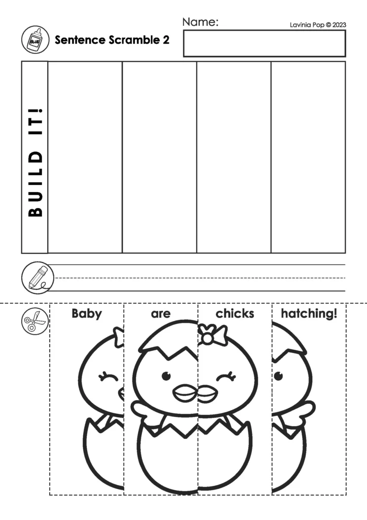 Spring Sentence Building Puzzles cut and paste sentence scramble worksheet building the sentence Baby chicks are hatching