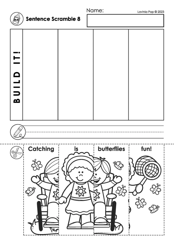 Spring Sentence Building Puzzles cut and paste sentence scramble worksheet building the sentence Catching butterflies is fun
