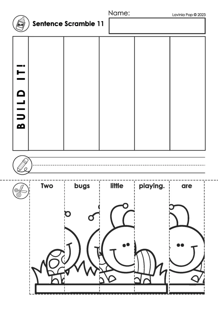 Spring Sentence Building Puzzles cut and paste sentence scramble worksheet building the sentence Two little bugs are playing