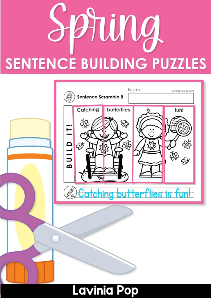 Spring Sentence Building Puzzles sentence scramble worksheet template with boxes for building sentences and writing the sentence
