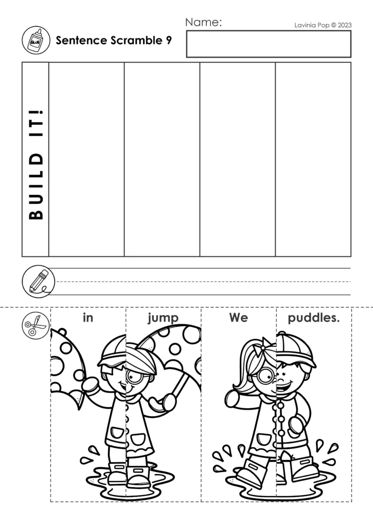 Spring Sentence Building Puzzles cut paste sentence scramble worksheet building the sentence We jump in puddles