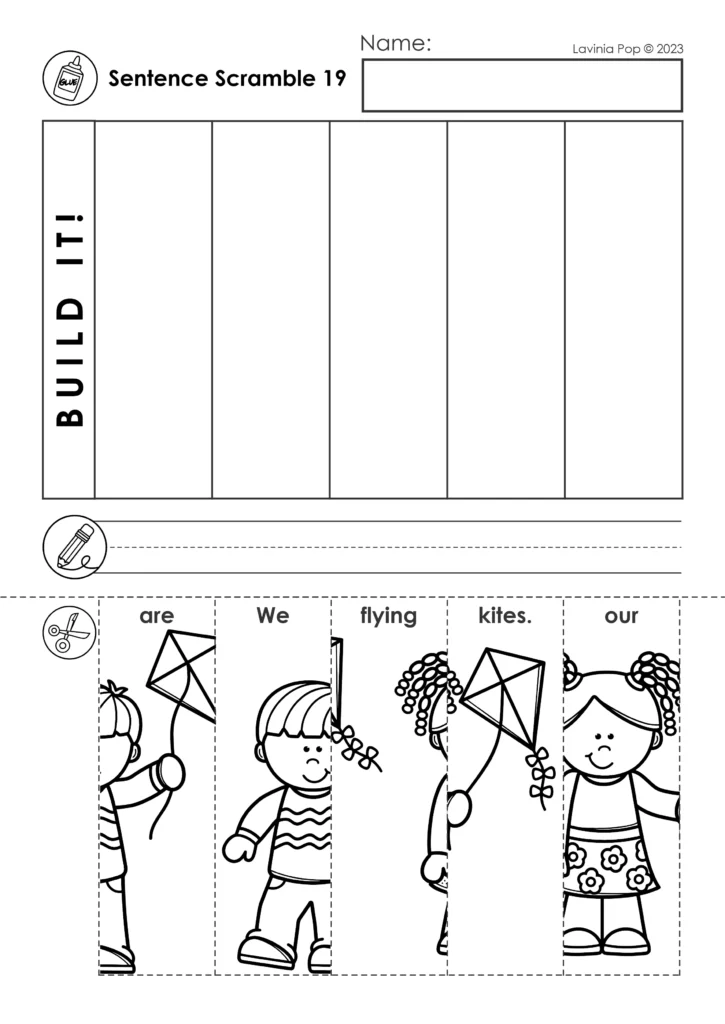 Spring Sentence Building Puzzles cut paste sentence scramble worksheet building the sentence We are flying our kites