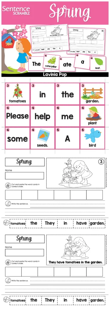 Spring Sentence Building Activities for Kindergarten cut and paste sentence worksheet They have tomatoes in the garden sentence building activity