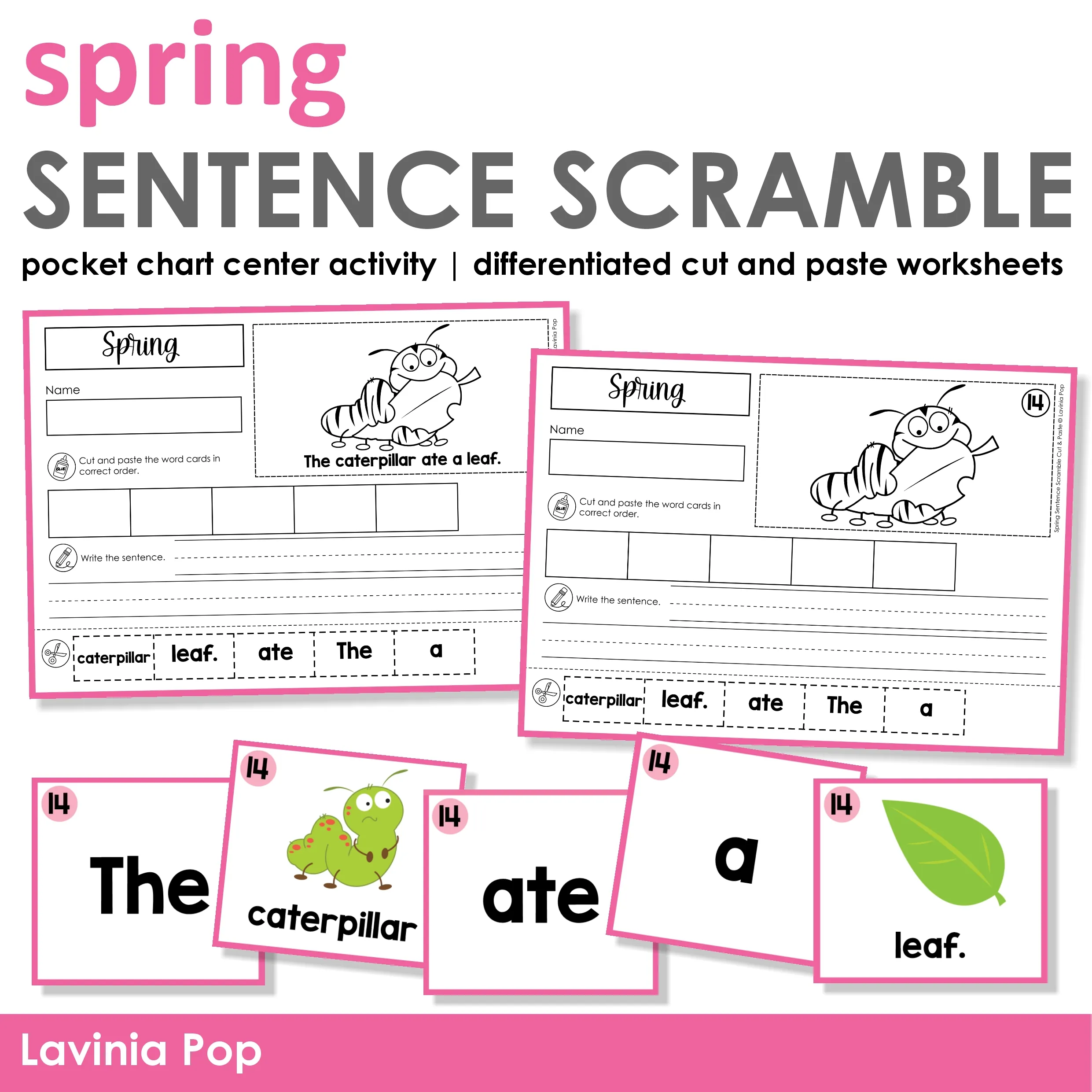 Spring Sentence Building Activities for Kindergarten sentence scramble pocket chart center and cut and paste worksheet activity