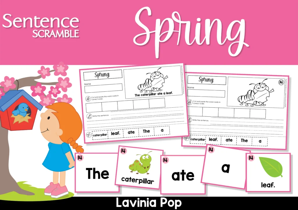 Spring Sentence Building Activities for Kindergarten sentence scramble worksheets and word cards for literacy centers