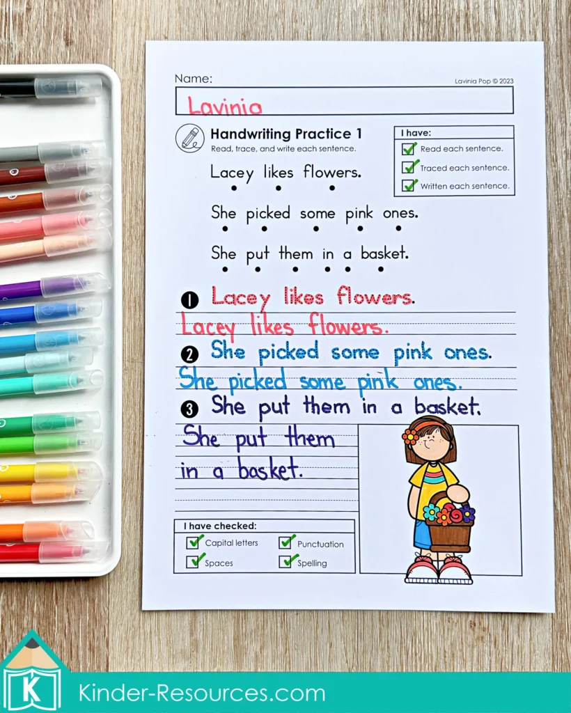 Spring read trace write sentence writing worksheets page with Lacey likes flowers sentence writing and handwriting practice
