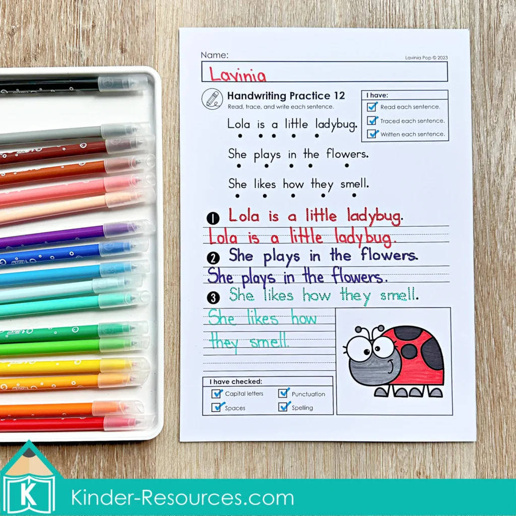 Spring read trace write sentence writing worksheets page with Lola is a little ladybug sentence writing and handwriting lines