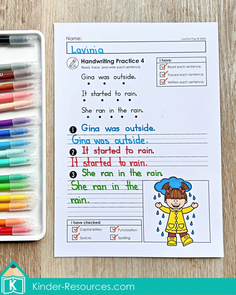 Spring Read Trace Write Sentence Writing Worksheets Rain Page