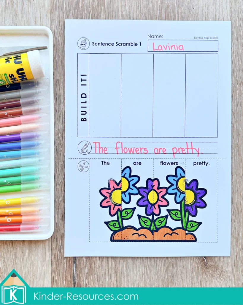 Spring Sentence Building Puzzles cut and paste sentence scramble worksheet building the sentence The flowers are pretty