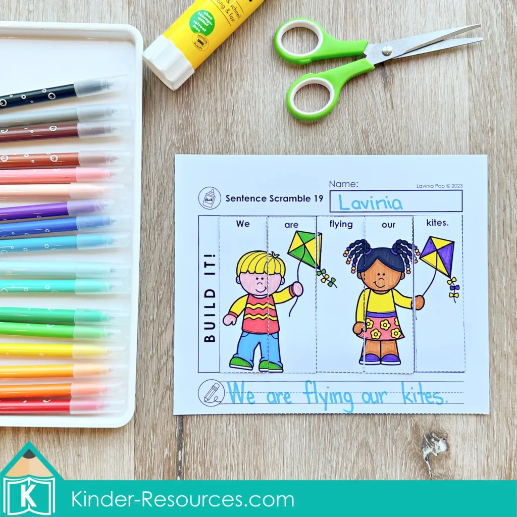 Spring Sentence Building Puzzles cut and paste sentence scramble worksheet building the sentence We are flying our kites