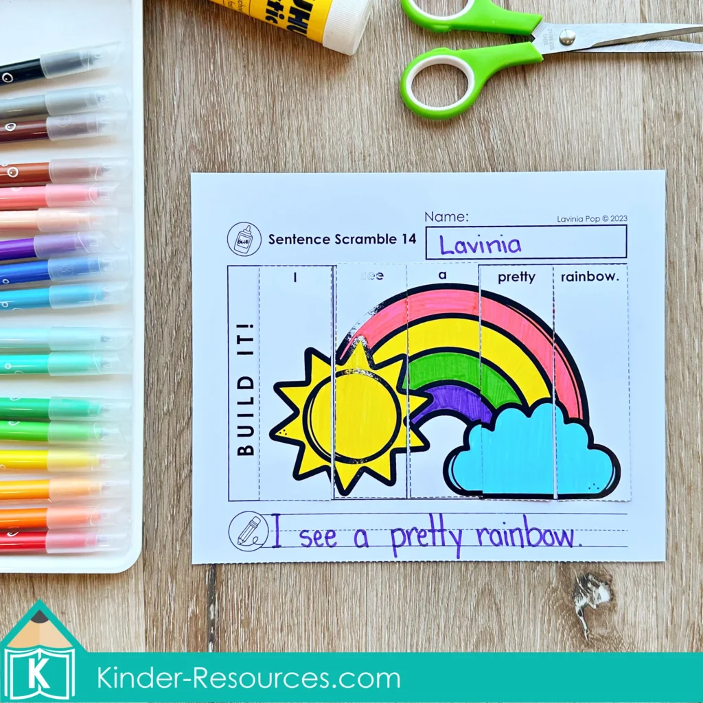 Spring Sentence Building Puzzles cut and paste sentence scramble worksheet building the sentence I see a pretty rainbow