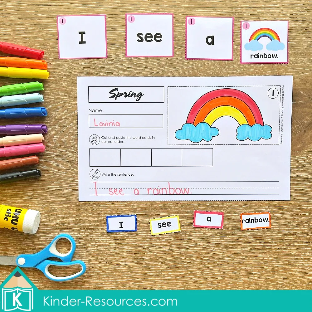 Spring Sentence Building Activities for Kindergarten cut and paste sentence worksheet I see a rainbow sentence building activity