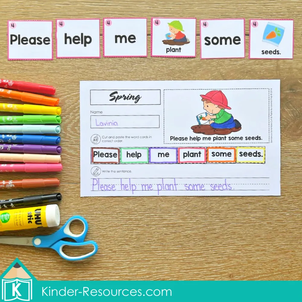 Spring Sentence Building Activities for Kindergarten cut and paste sentence worksheet Please help me plant some seeds sentence building activity