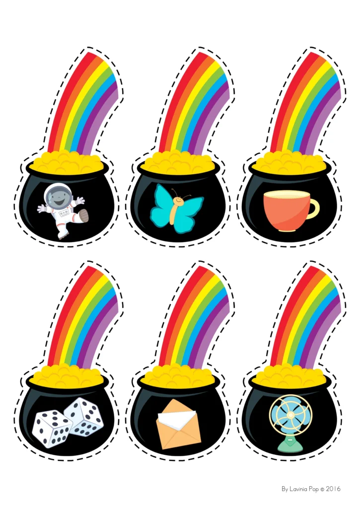 St. Patrick’s Day Beginning Sounds Activity printable pots of gold picture cards with astronaut, butterfly, cup, dice, envelope, and fan for phonics matching