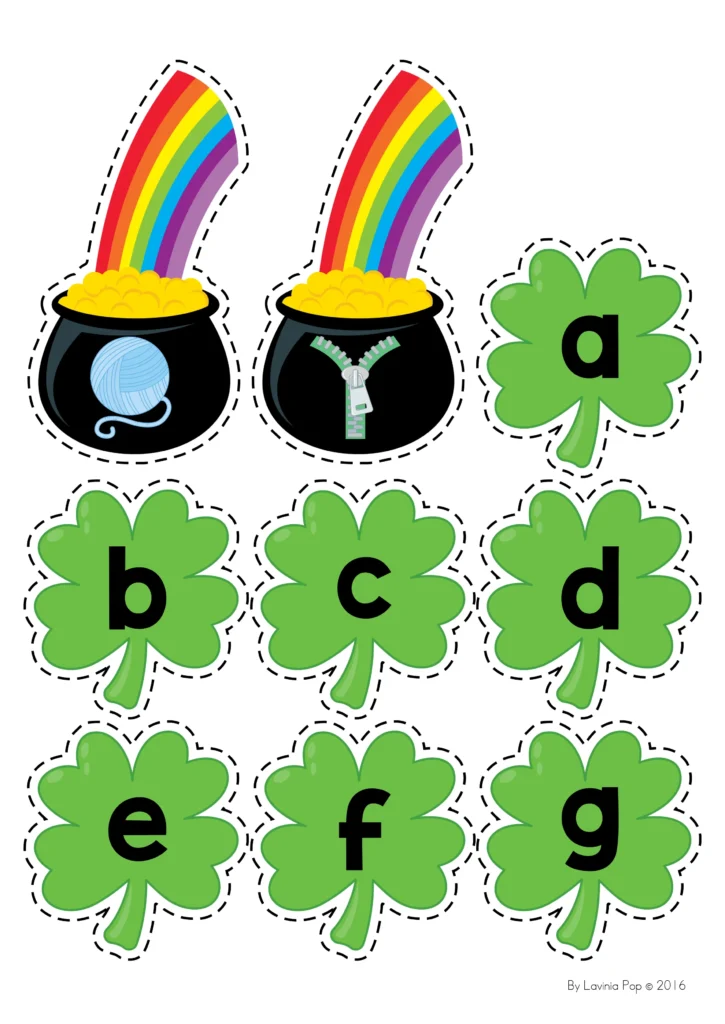 St. Patrick’s Day Beginning Sounds Activity printable with shamrock letter cards and pots of gold picture cards for phonics matching
