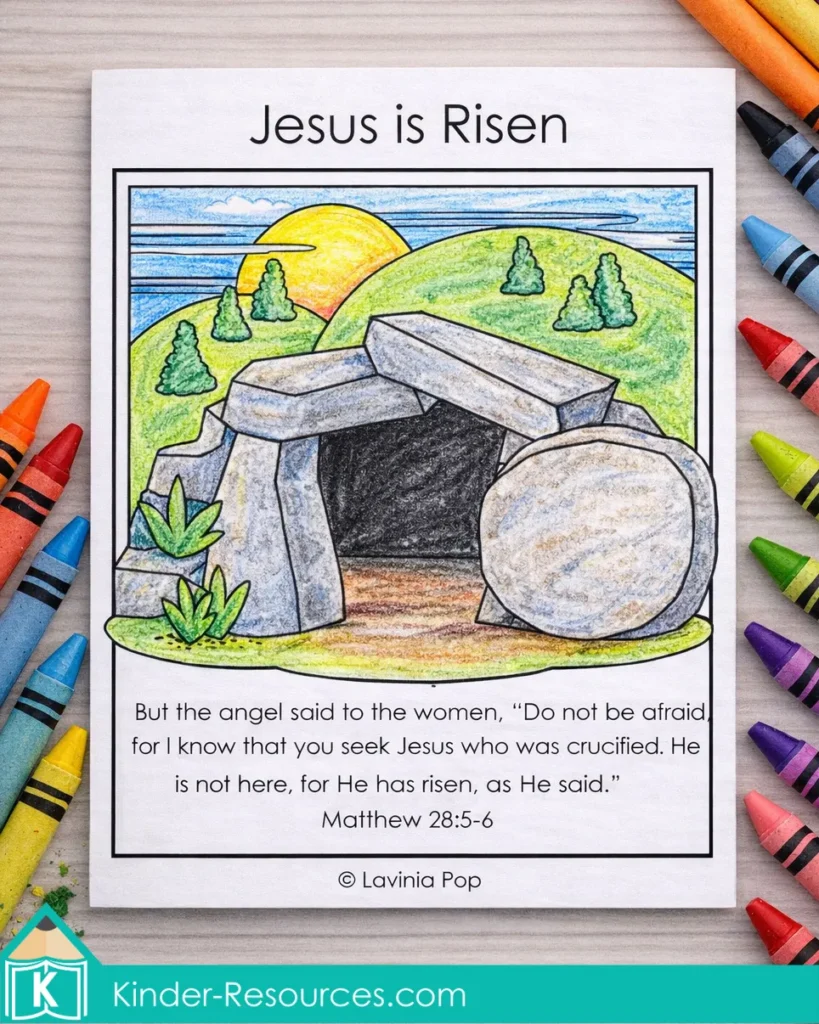 Jesus Is Risen preschool Bible lesson take home booklet coloring page with empty tomb scene