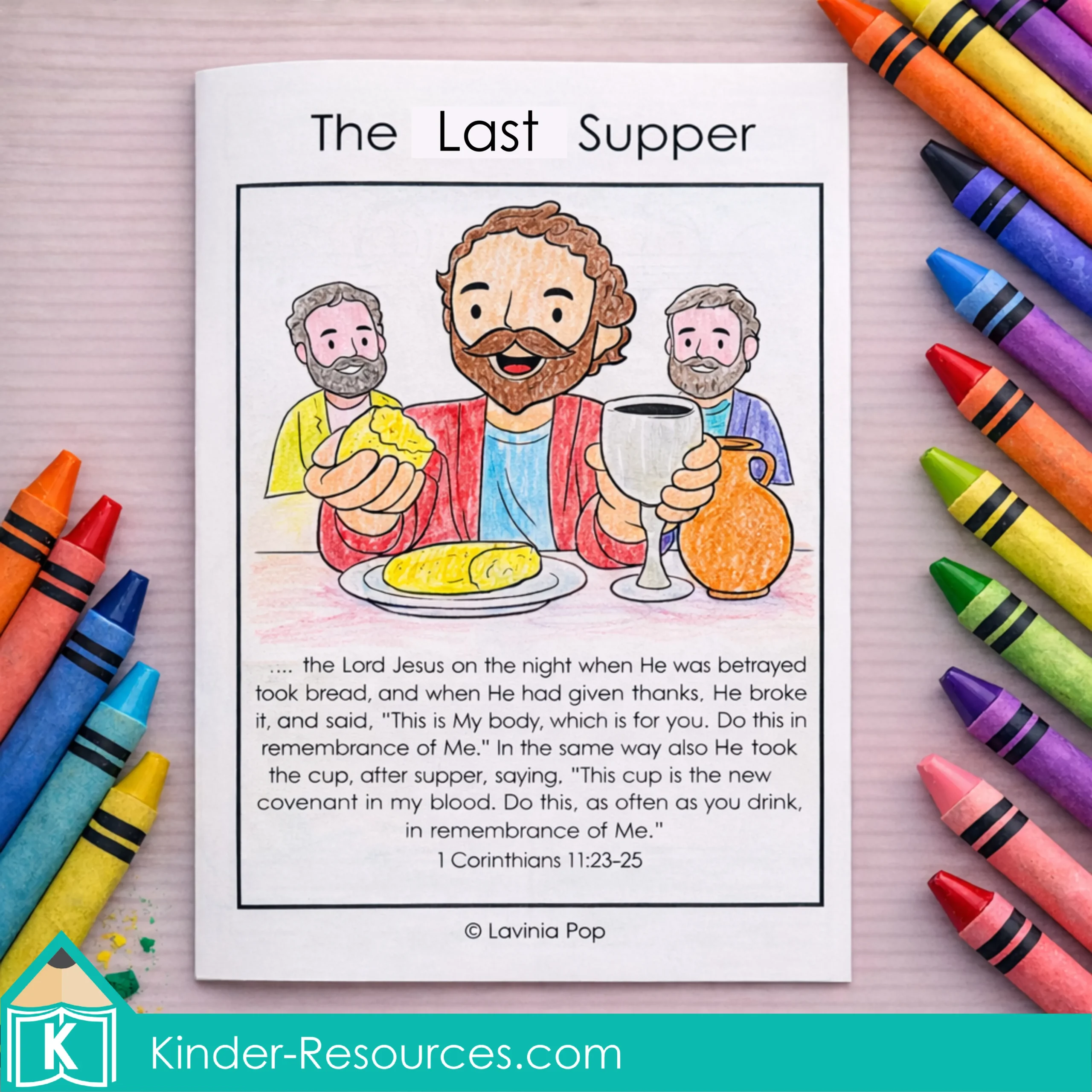 Preschool Bible worksheet where children cut and sort pictures into what was and was not at the Last Supper