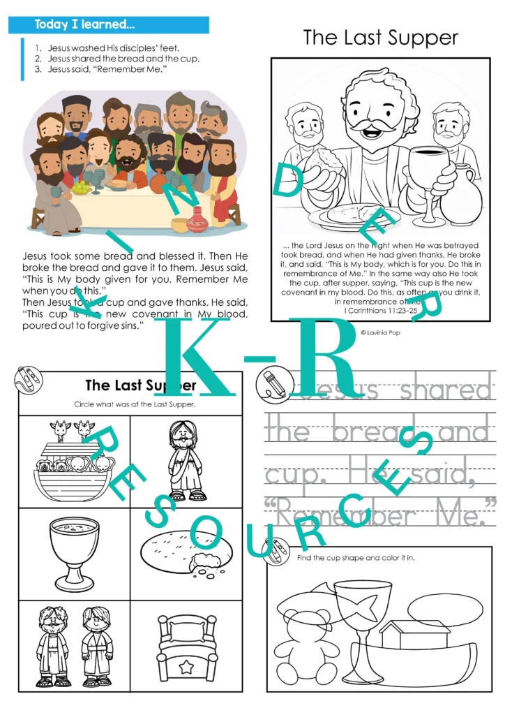 Preschool Bible worksheet where children cut and sort pictures into what was and was not at the Last Supper