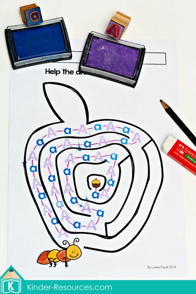beginning sounds picture mazes apple maze with uppercase and lowercase a stamps for phonics and tracing activity