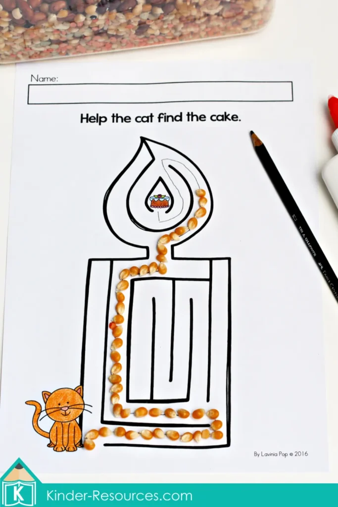 beginning sounds picture mazes candle maze with cat and cake using corn for fine motor and phonics activity
