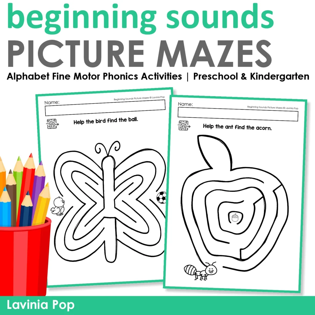 beginning sounds picture mazes cover showing alphabet phonics maze worksheets for preschool and kindergarten fine motor tracing activities