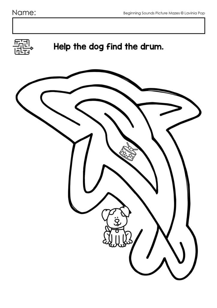 beginning sounds picture mazes letter d maze with dog and drum for preschool phonics practice