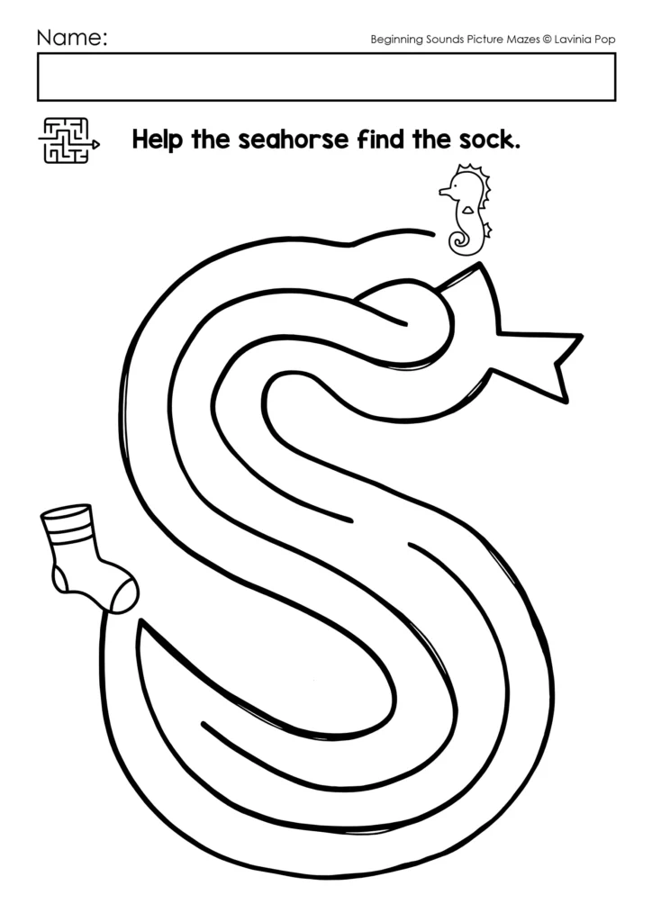 beginning sounds picture mazes letter s maze with seahorse and sock for preschool and kindergarten phonics